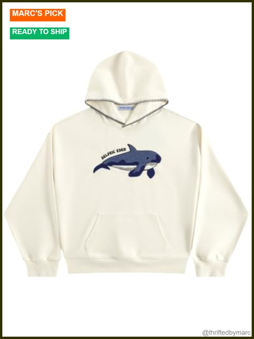 Whale Embroidery Towel Hoodie, Y2K Casual Sweatshirt with Pocket, 60% Cotton